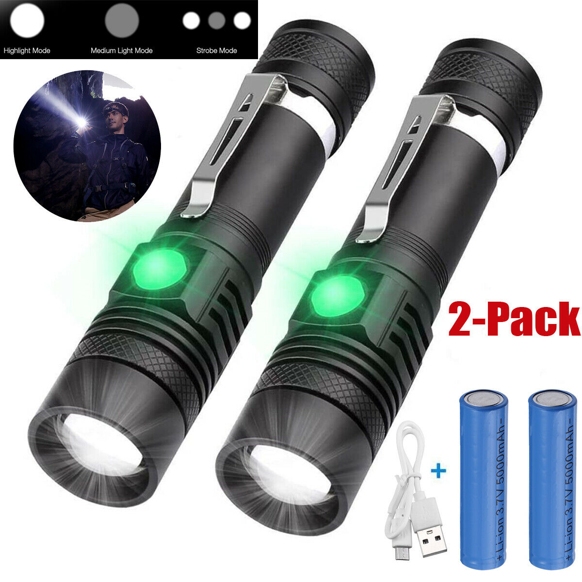 20000LM COB LED Flashlight USB Charging Torch Zoom Lantern With Built-in Battery